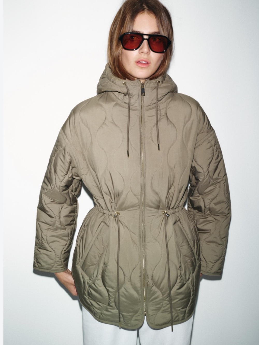 Zara Quilted Hooded Parka Jacket in Khaki Sz:M